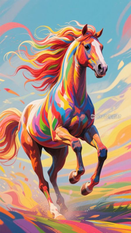 色彩斑斓的奔跑骏马插画