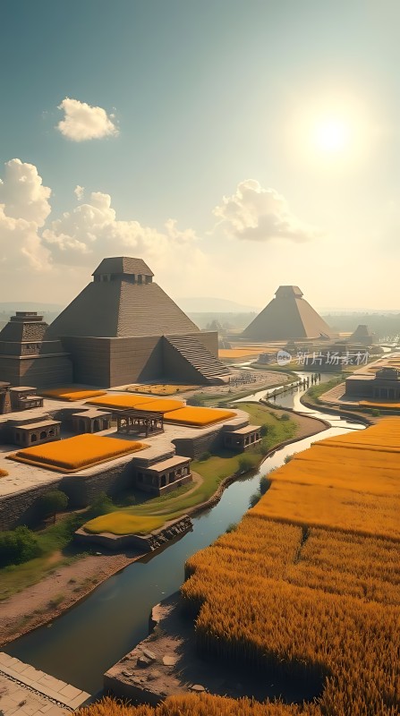 阳光下的金字塔与稻田