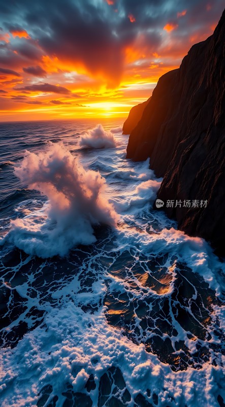 日落时分的海浪与悬崖