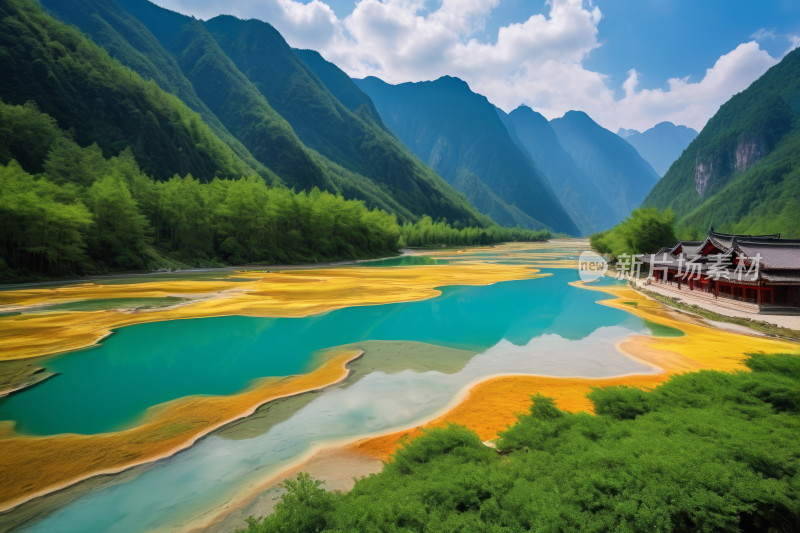 山脉和河流中间一座建筑物高清风景图片