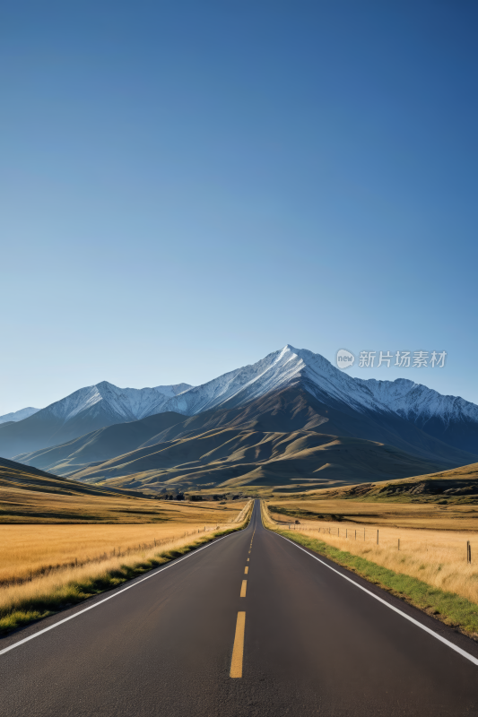 道路山脉和黄色的田野高清风景图片