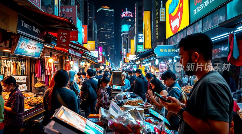 繁华夜市霓虹闪烁热闹非凡