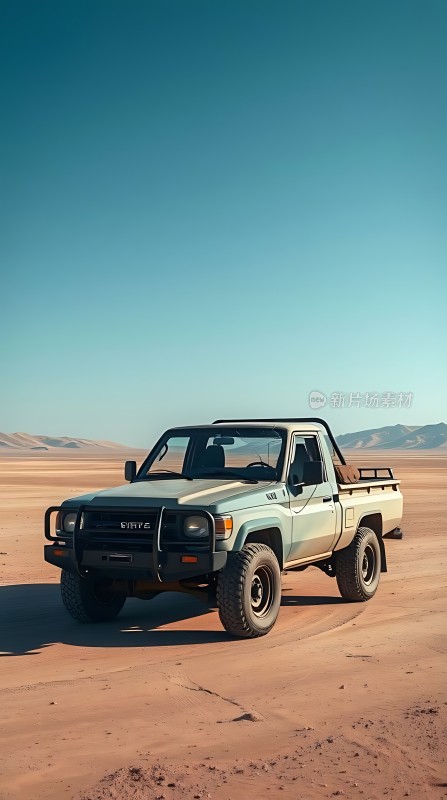 沙漠中的绿色皮卡车
