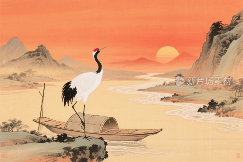 丹顶鹤山水风景插画