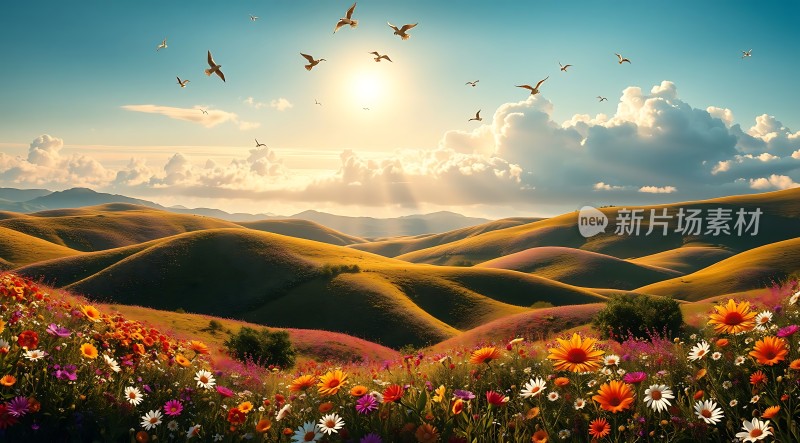 阳光下的花海与飞翔的鸟群