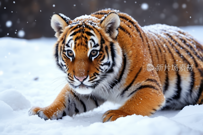 一只老虎在雪地里躺着高清图片