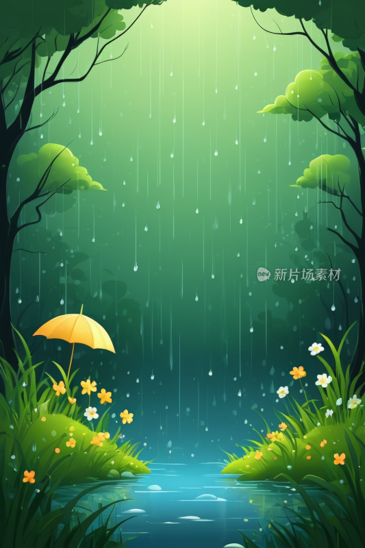 雨林黄色雨伞的卡通插图高清背景纹理图片