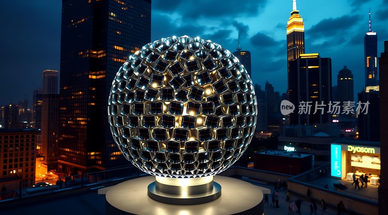 上海夜景下的未来主义艺术装置