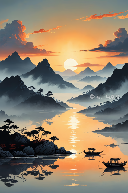 一舟山的夕阳景象高清插画图片