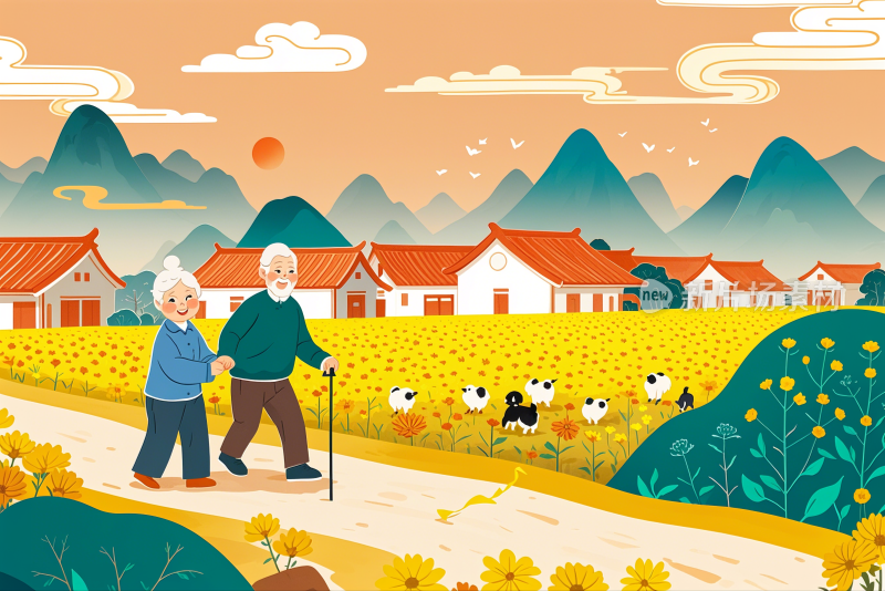 重阳节温馨的老人和睦的家庭重阳节创意插画