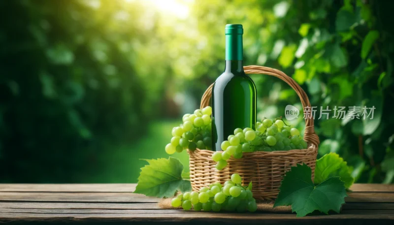 葡萄园中的绿葡萄与葡萄酒瓶