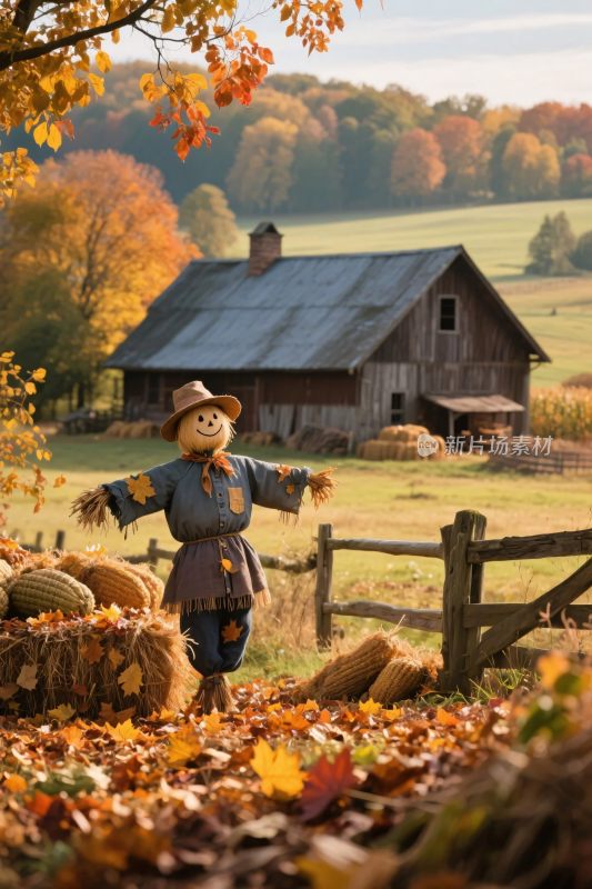 秋日农场的稻草人景象