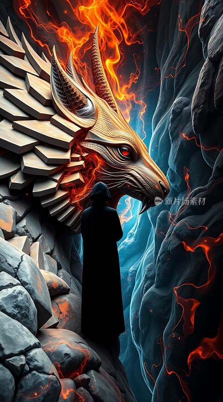 龙影暗现神秘人物对峙火焰巨兽