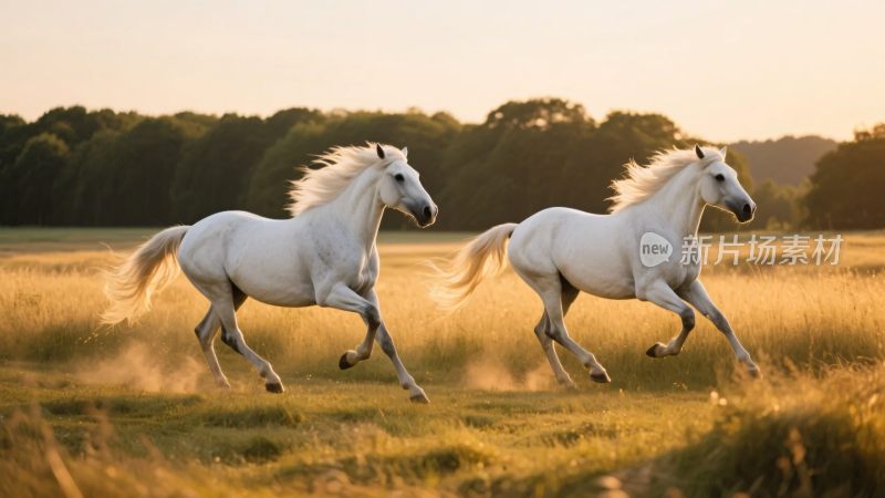 草原上两匹白马奔腾