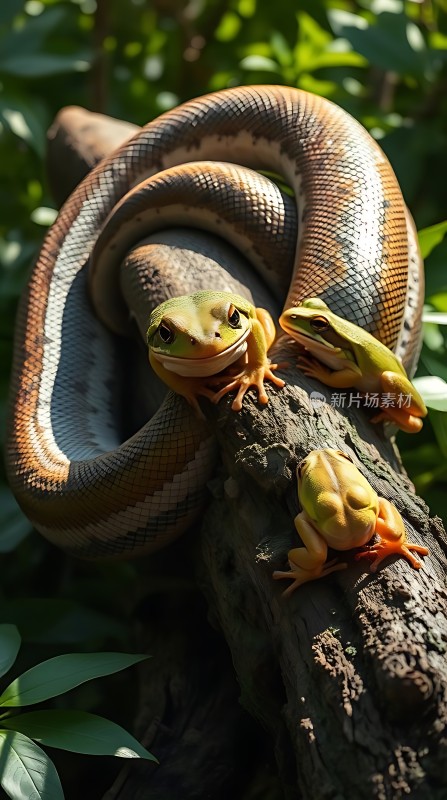 三只青蛙与一条蛇共舞于树枝间