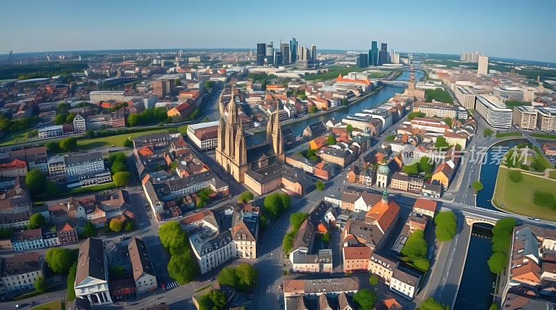 法兰克福全景河流穿城而过现代与历史建筑相映成趣