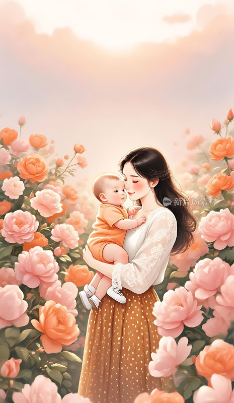 温馨母婴花丛插画