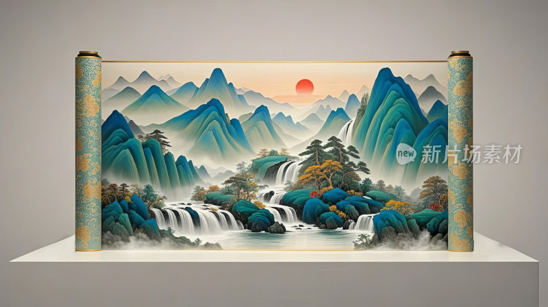 山水画卷瀑布群山夕阳中国风场景画