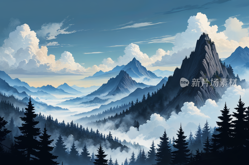 蓝天云山景高清风景插画图片