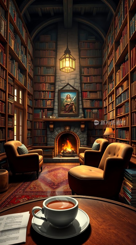 书架环绕的温馨书房壁炉旁的舒适阅读时光