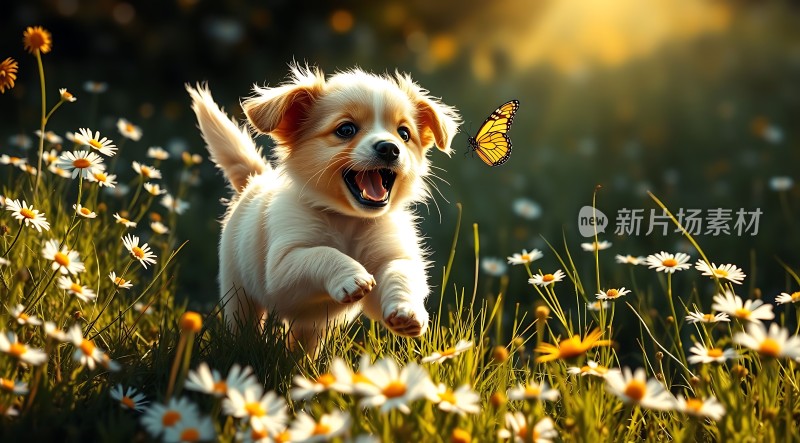 阳光下的快乐小狗与蝴蝶共舞