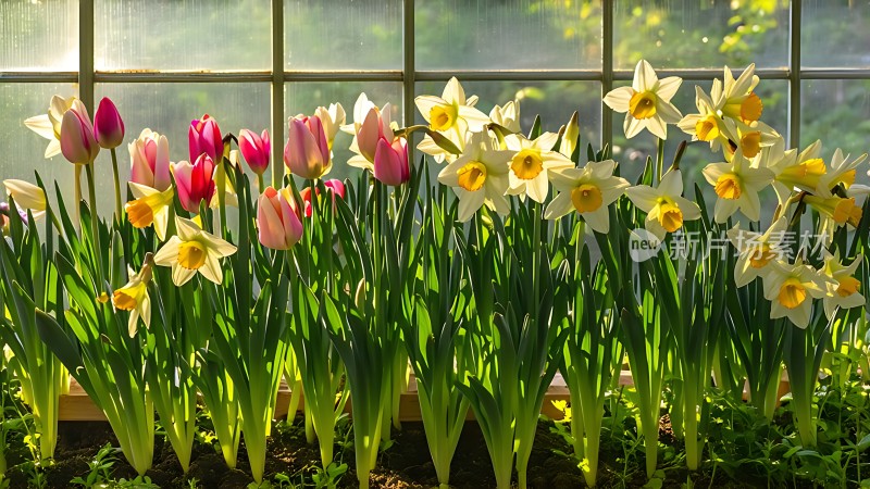 阳光下的郁金香与水仙花