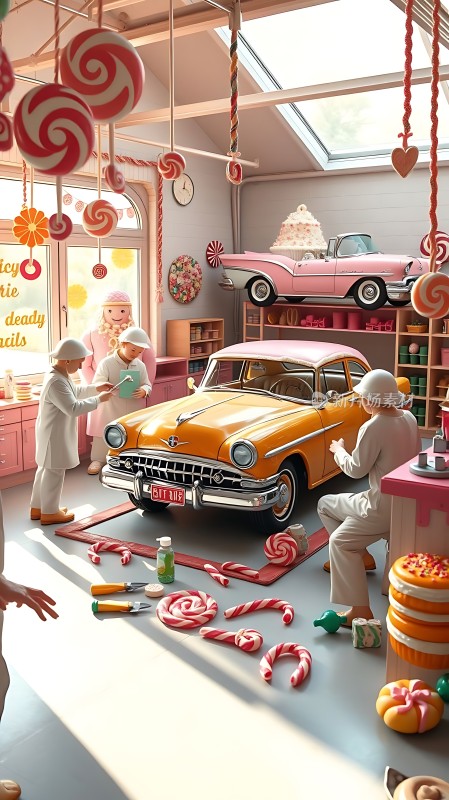 糖果车间里的复古汽车维修