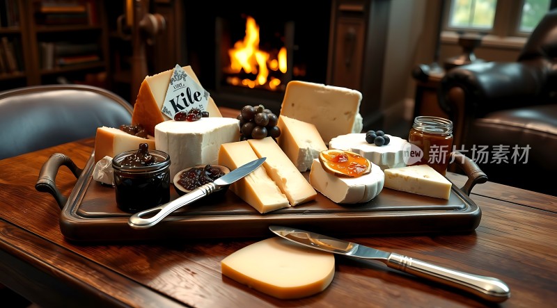 温馨壁炉旁的美味奶酪拼盘