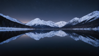 夜间山脉倒映在湖中高清风景图片