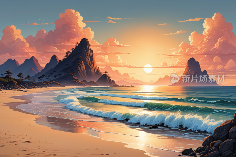 在海滩上的日落海浪拍打在山前高清风景插画