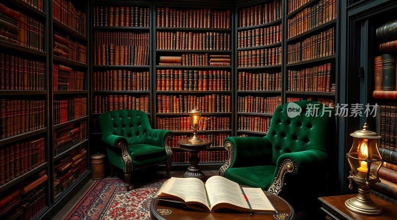 古色古香书房绿椅红书架温馨阅读时光