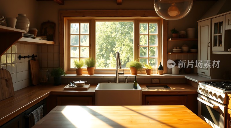 阳光洒满温馨厨房绿植点缀自然清新