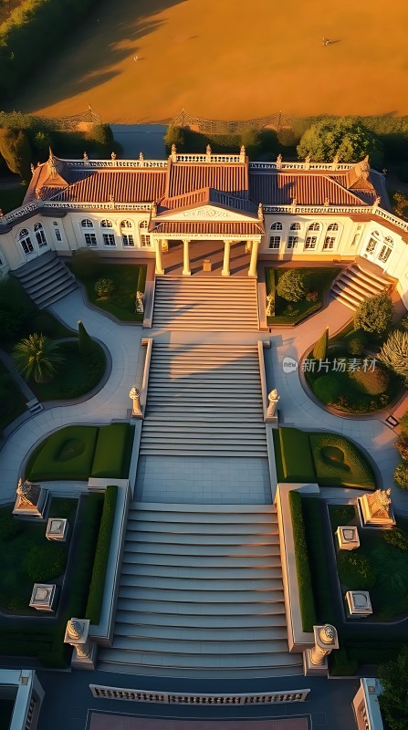阳光下的宏伟宫殿绿意盎然的庭院气势磅礴的阶梯