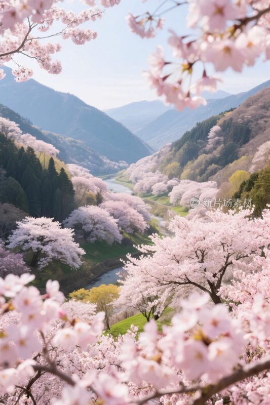 樱花山水春景图