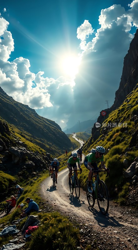 阳光下的骑行者穿越山间小径