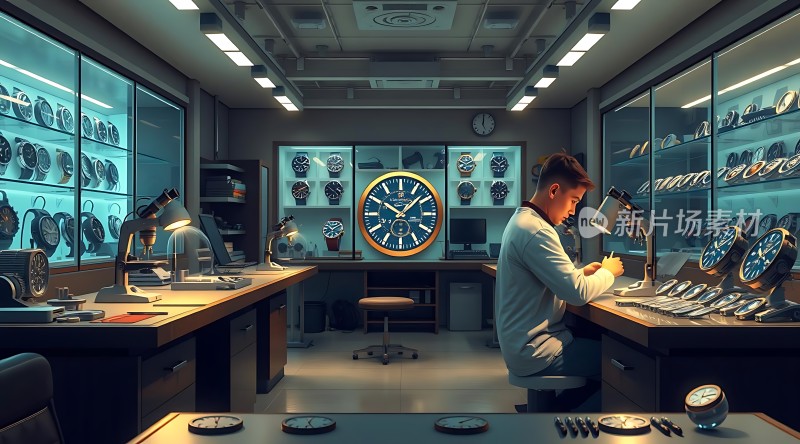 钟表匠人专注修表车间内摆满精密仪器和手表