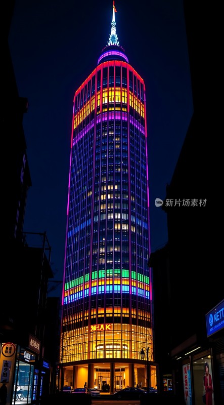 霓虹灯光下的摩天大楼