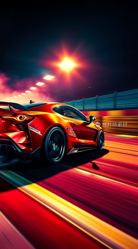 赛道上的红色赛车疾驰而过夜色中闪耀着光芒