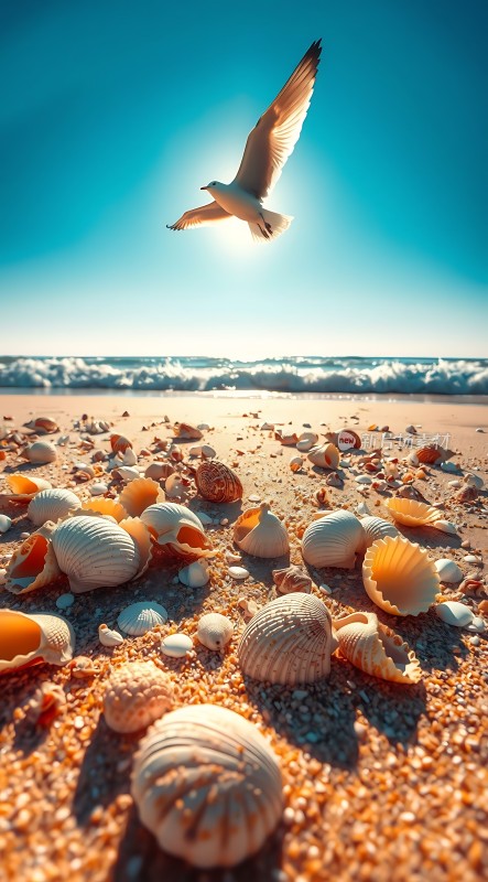 阳光下的海滩贝壳与飞翔的海鸥