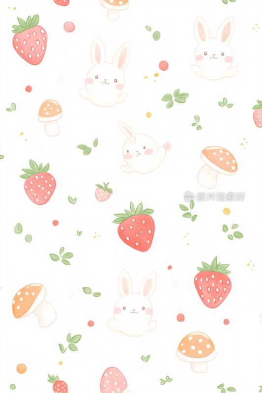 可爱兔子草莓蘑菇插画图案