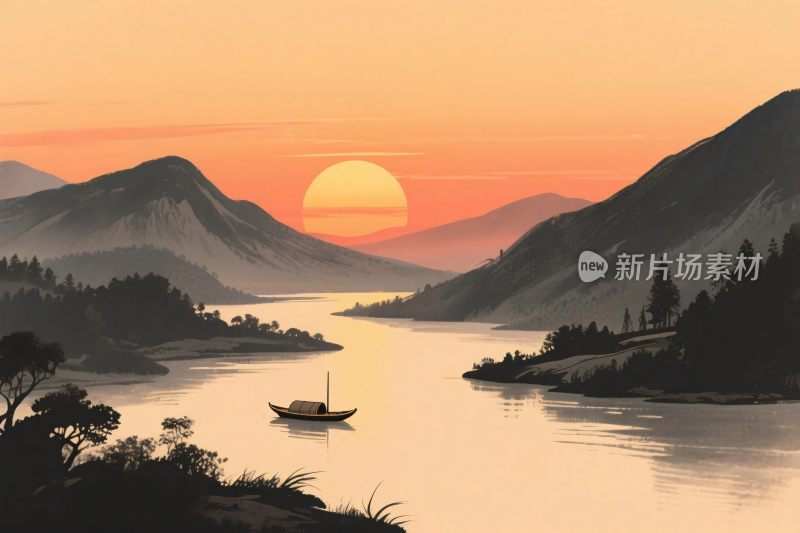 山水日落风景插画