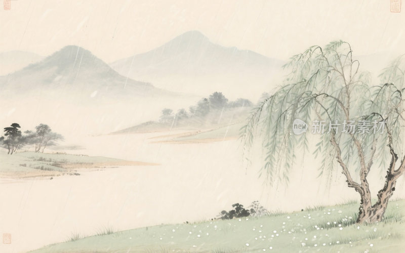 谷雨中国风山水插画