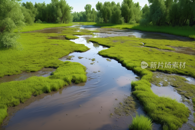 一条河流流过一片郁郁葱葱绿地长满树木风景