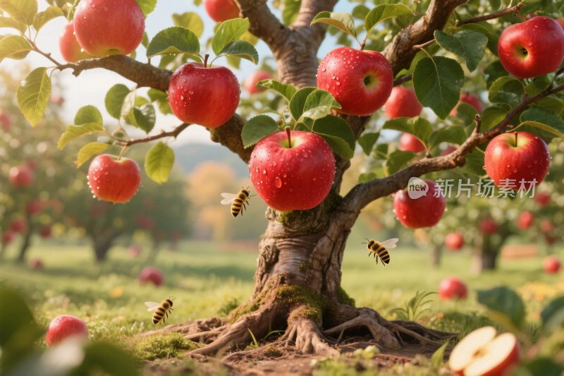 果园里的苹果树与蜜蜂