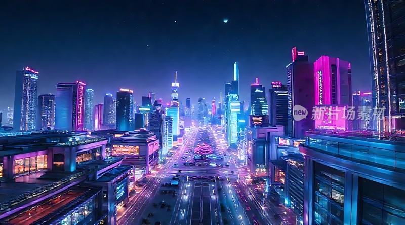 霓虹闪烁的未来都市夜景