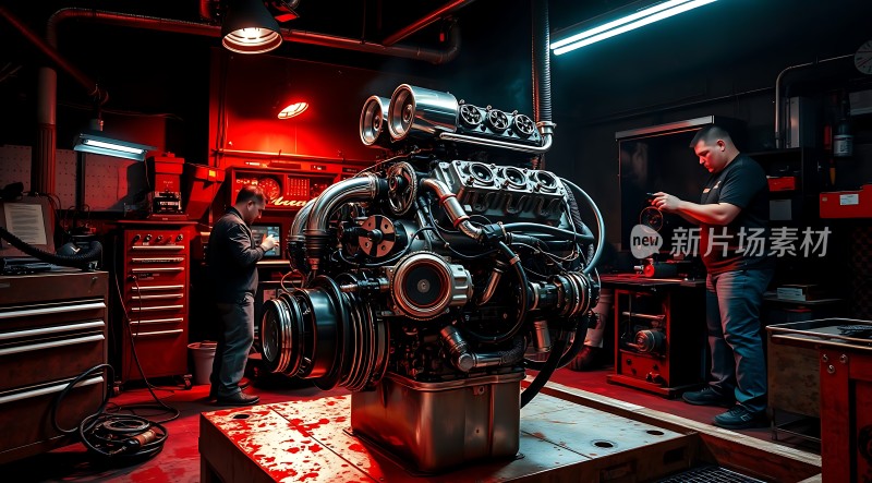 机械车间里的精密引擎组装