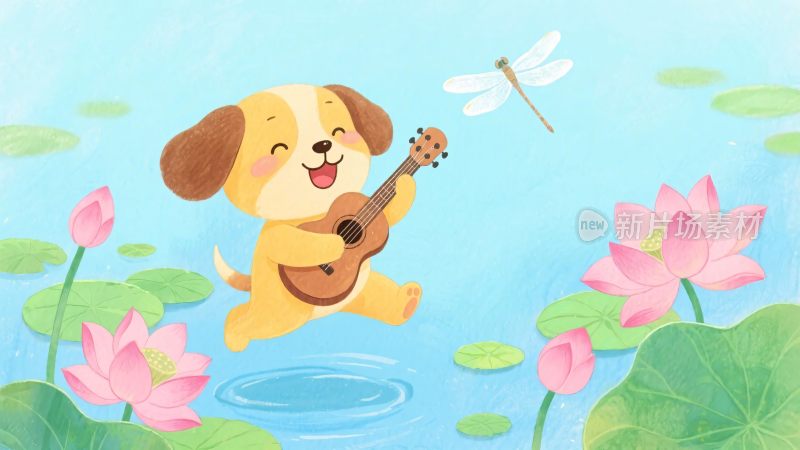 卡通小狗弹吉他插画