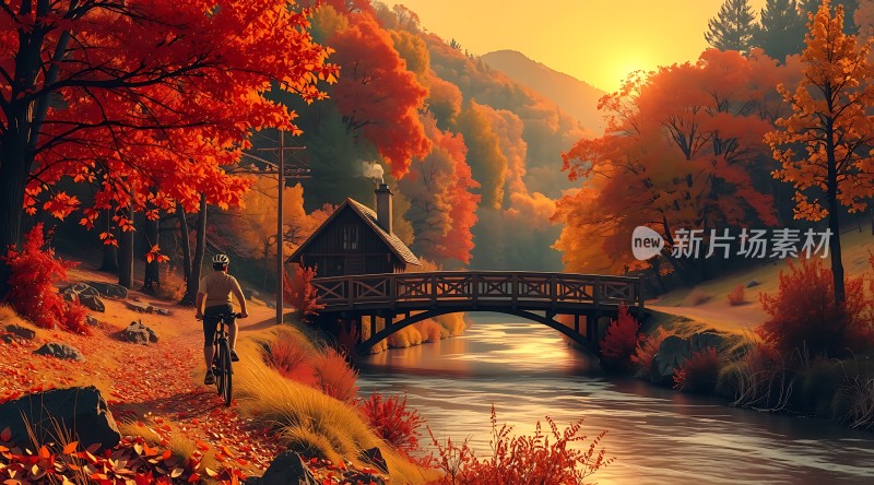 秋日骑行暖阳下的宁静小屋与木桥