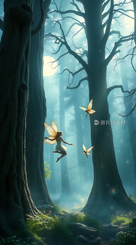 精灵在月光下的神秘森林中起舞