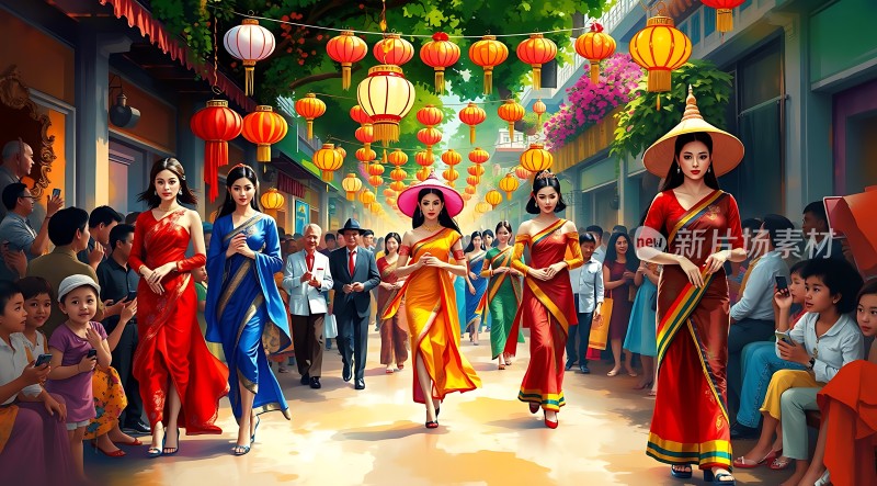 节日游行传统服饰与灯笼